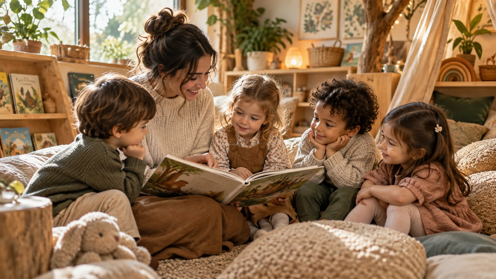 Educatoare citind cu copiii într-un spațiu liniștit