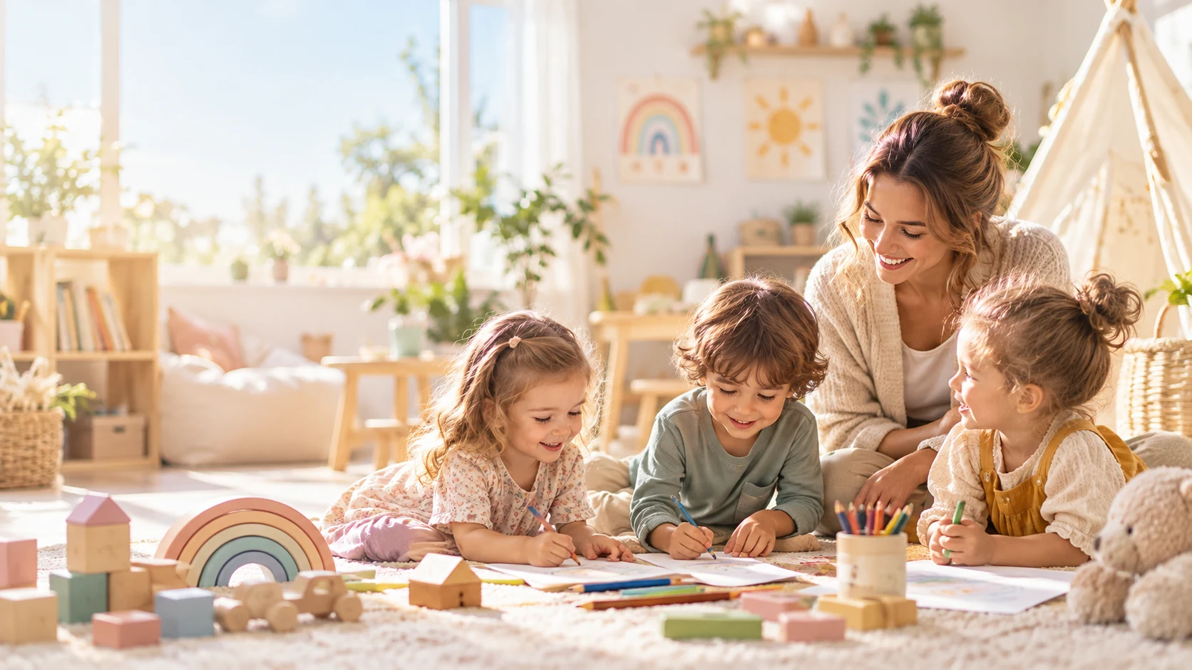 Copii de grădiniță și o educatoare desenând împreună într-o sală luminoasă