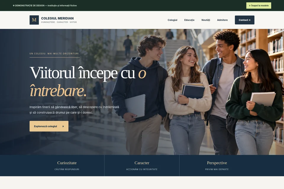 Captură reală a primei pagini din modelul Colegiul Meridian